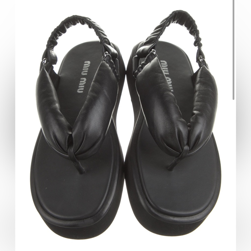 NIB Miu Miu Black Leather Slingback Thong Platform Sandal 38.5
